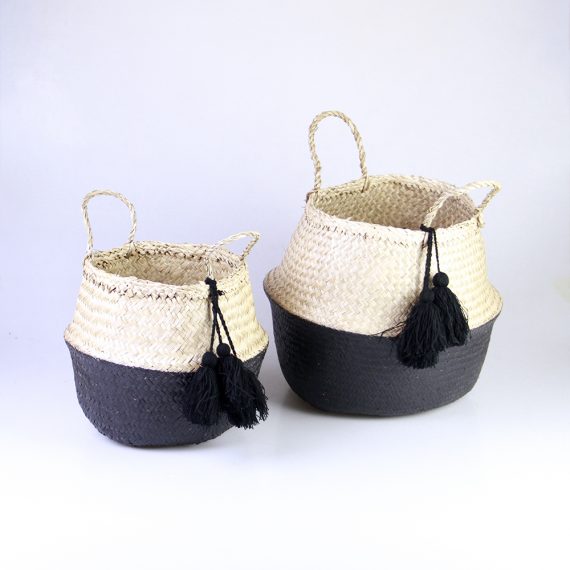 Seagrass Belly Basket - Dipped white bottom, 3 white tassels