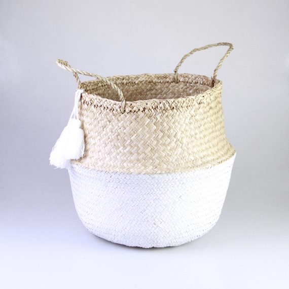 Seagrass Belly Basket - Dipped white bottom, 3 white tassels