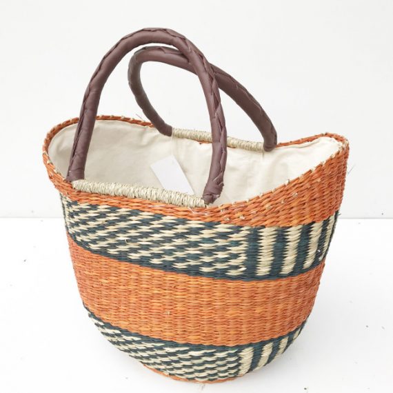 Seagrass Handbasket with Fabric Liner and Vegan Leather Handles