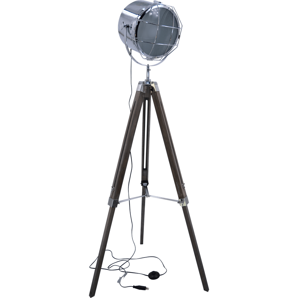 Nordic American Adjustable Tripod Searchlight Lamp by Leonard & Hazel, chrome tall