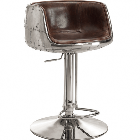 Mos Neata Vintage Aviation Aluminium Bar Stools with Chestnut Brown Genuine Leather