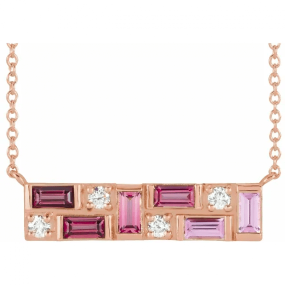 14K Rose Pink Multi-Gemstone & 1:8 CTW Diamond Bar Necklace from Leonard & Hazel™