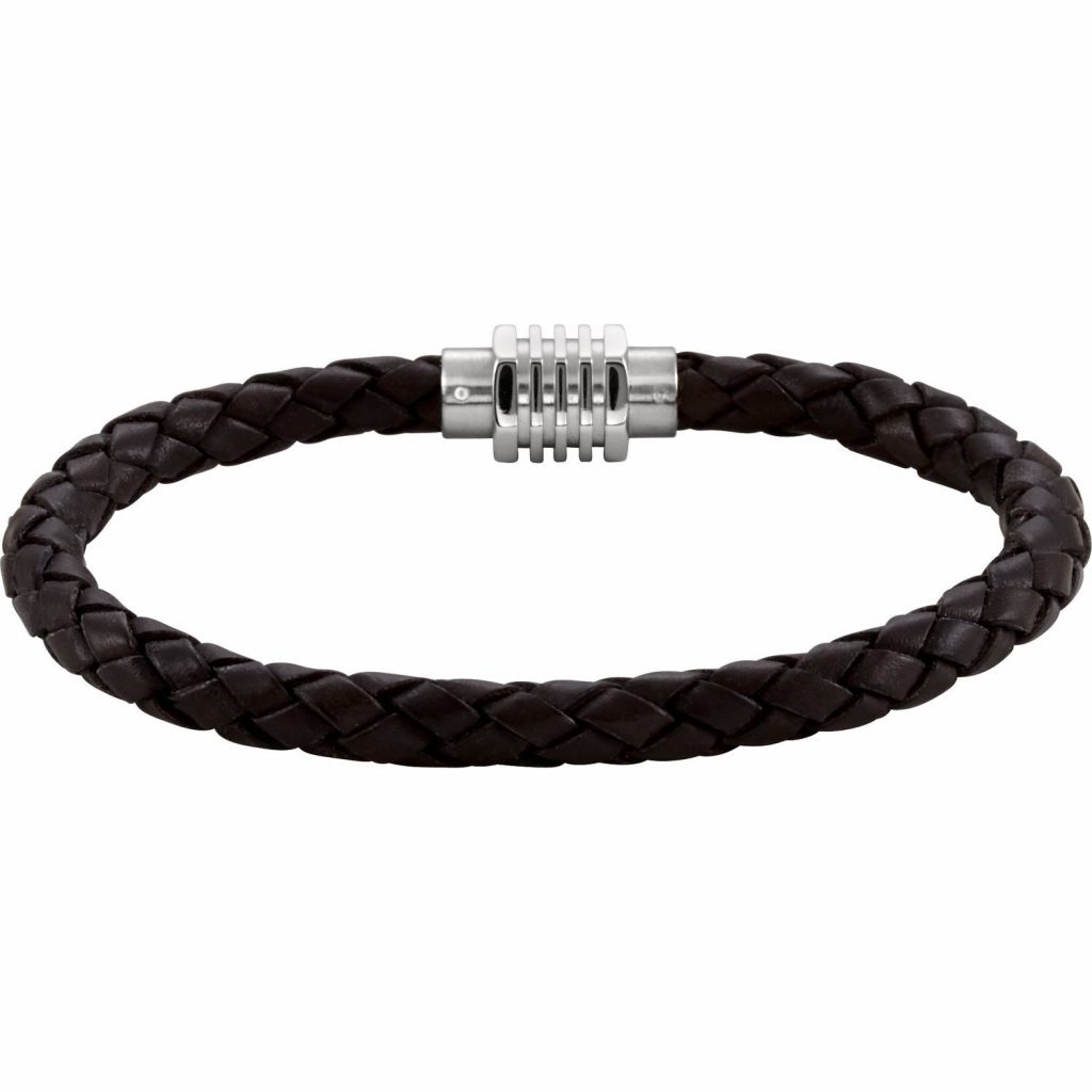Stainless Steel & Black Braided Leather Bracelet with Magnetic Clasp