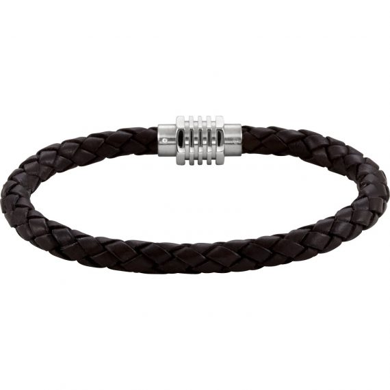 Stainless Steel & Black Braided Leather Bracelet with Magnetic Clasp