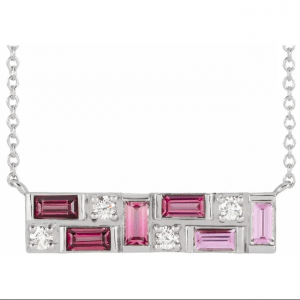 Sterling Silver Pink Multi-Gemstone & 1:8 CTW Diamond Bar Necklace from Leonard & Hazel™