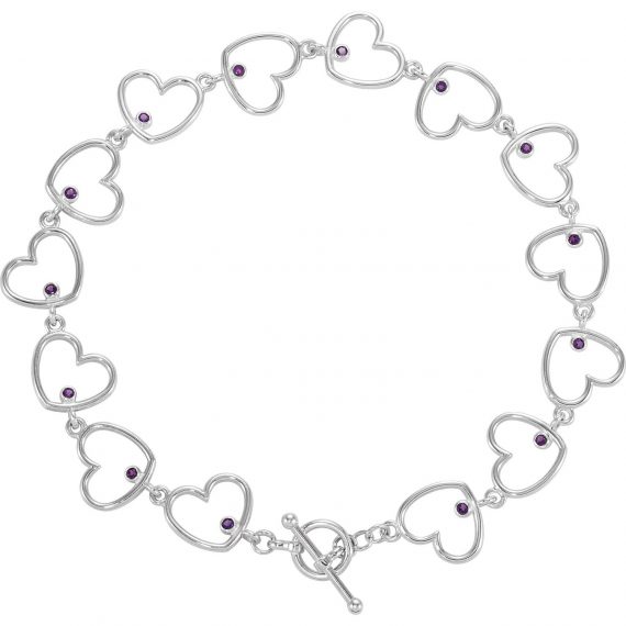 Amethyst Accented Sterling Silver Heart Link Bracelet