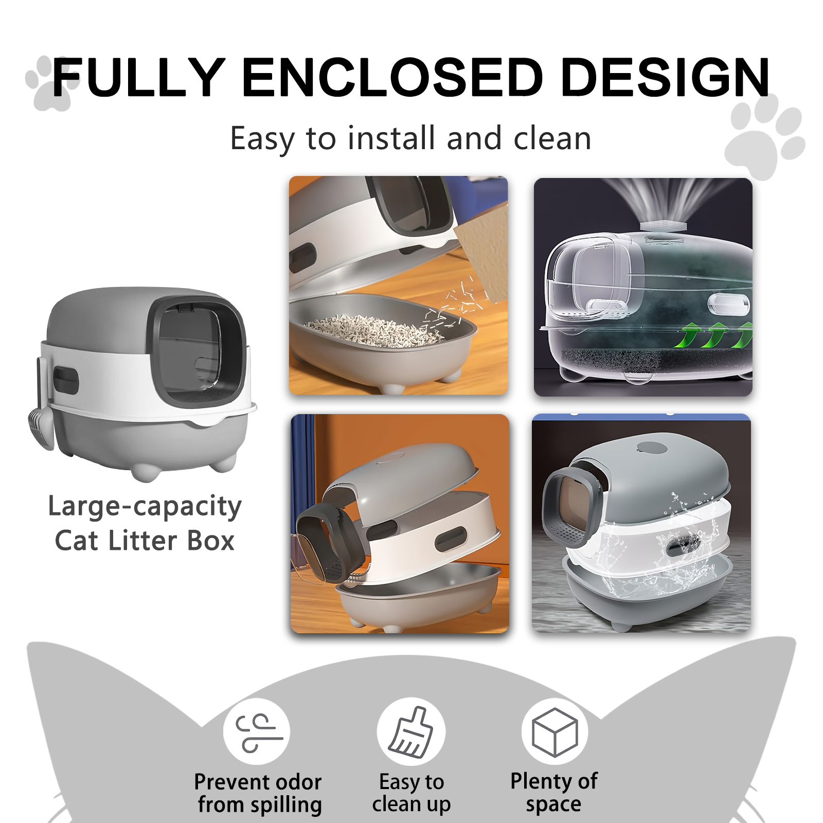Gray-White Contrast Fully Enclosed Cat Litter Box, Steril - Image 2