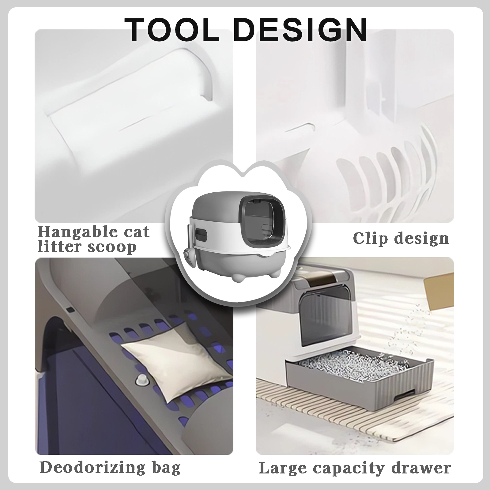 Gray-White Contrast Fully Enclosed Cat Litter Box, Steril - Image 3