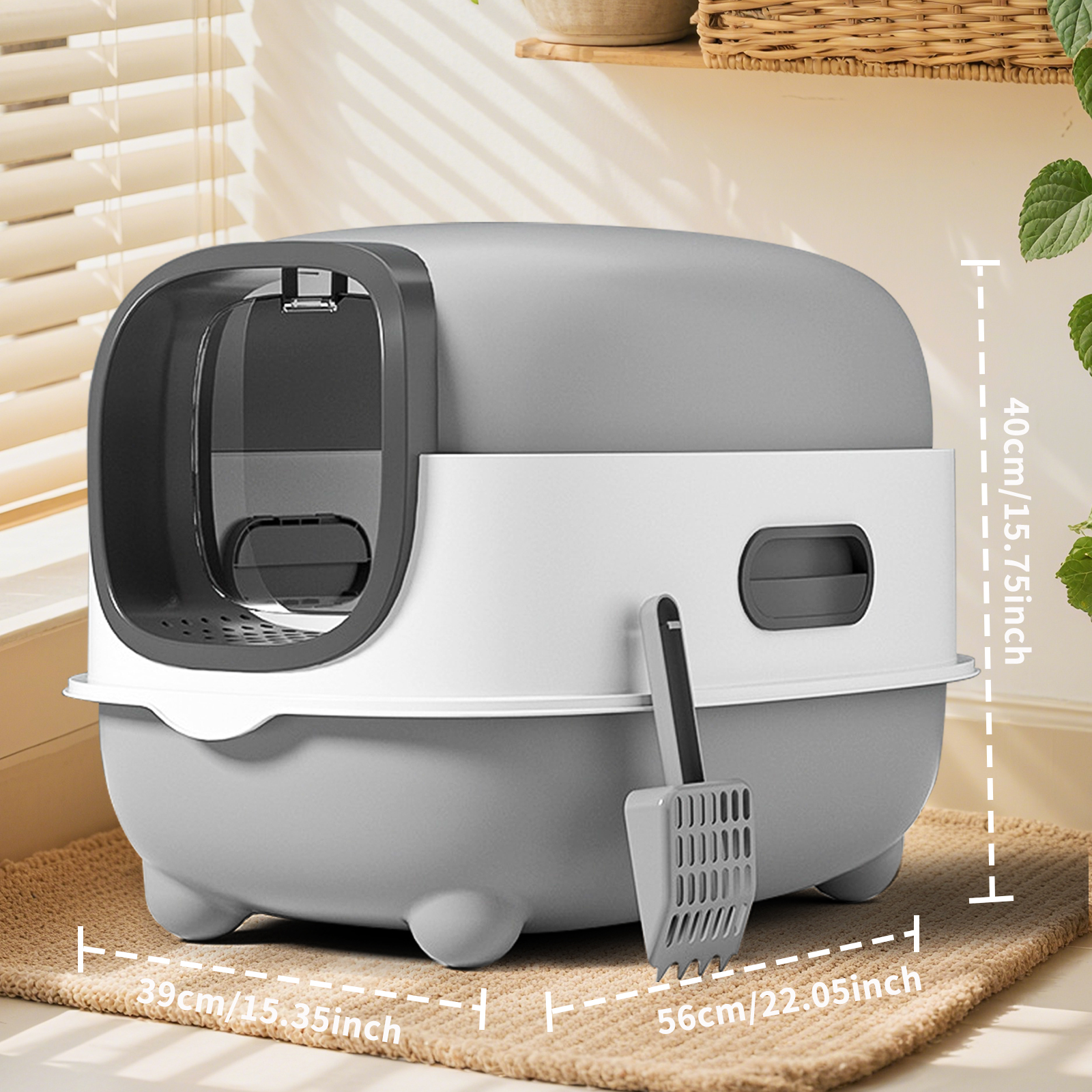 Gray-White Contrast Fully Enclosed Cat Litter Box, Steril - Image 4