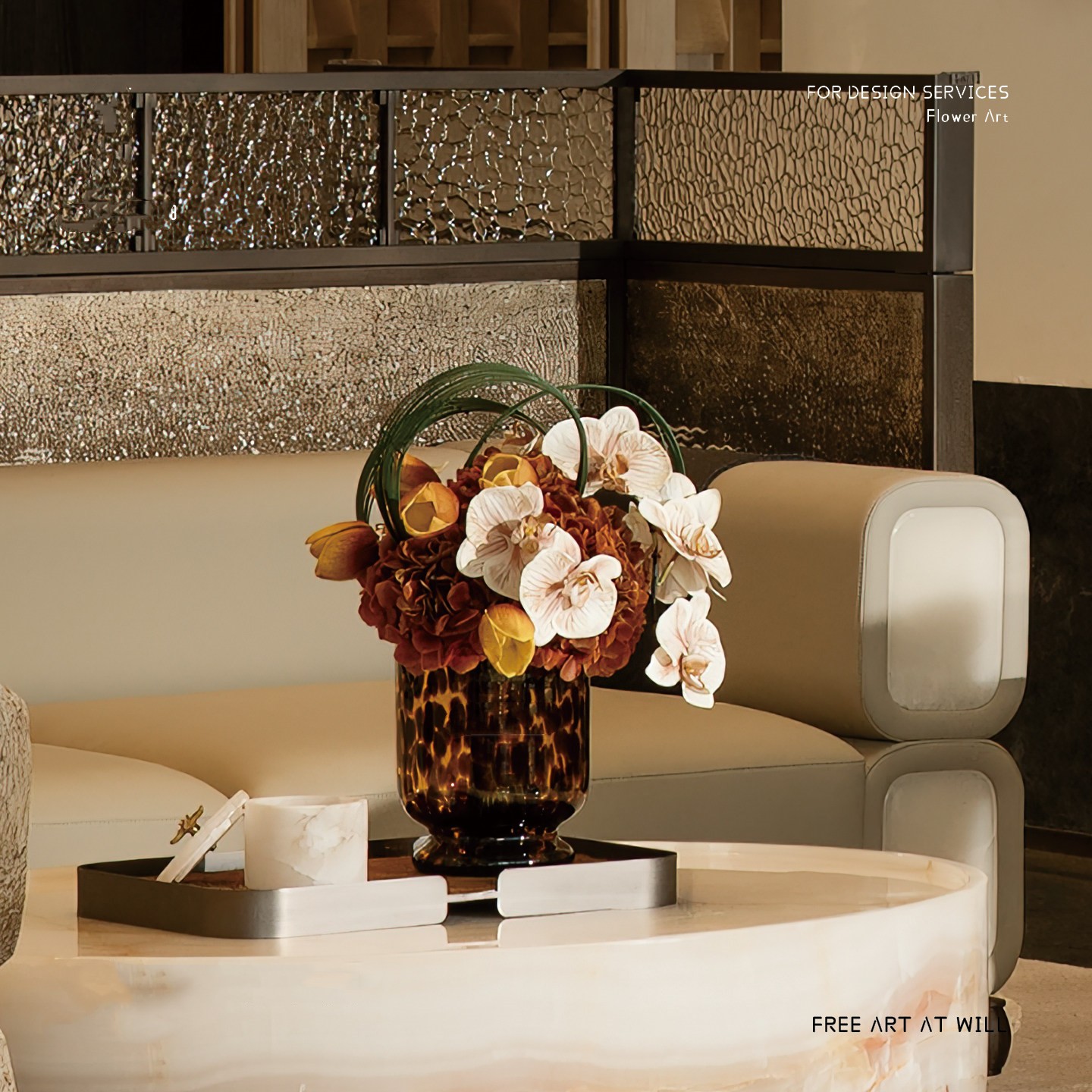 Living Room Amber Vase Display with Artificial Floral Arr