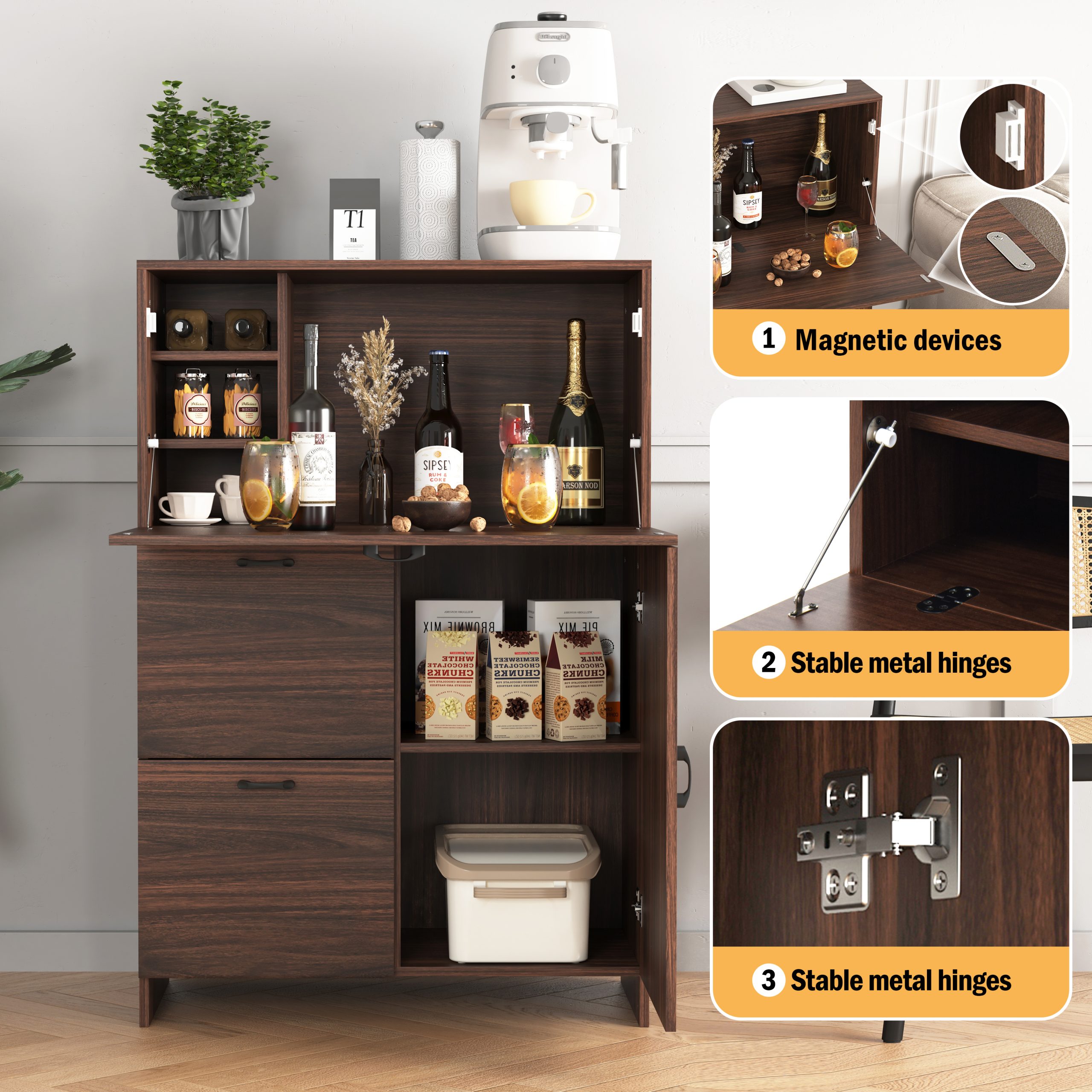 Desk Cabinet, with Storage Drawer & Shelves, Fold-Up Desk