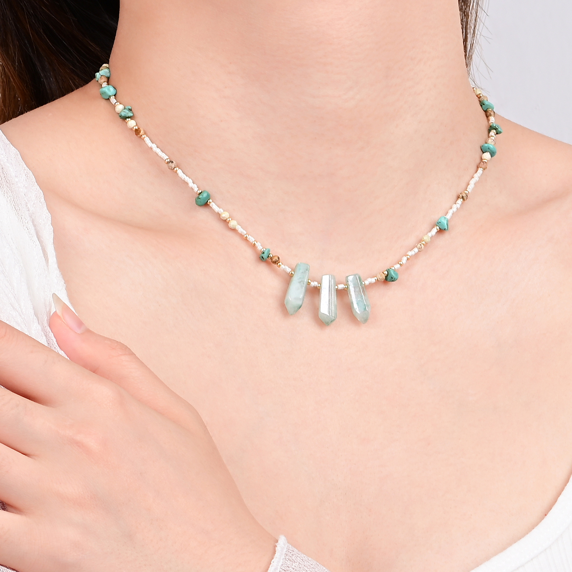 Ice-Tipped Crystal Hand-Beaded Clavicle Necklace - Image 5