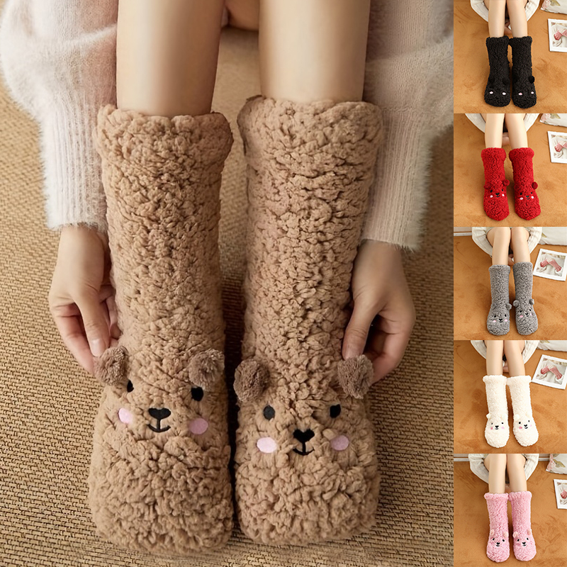 Cute Cartoon Bear Fuzzy Socks for Women, Comfortable Wint