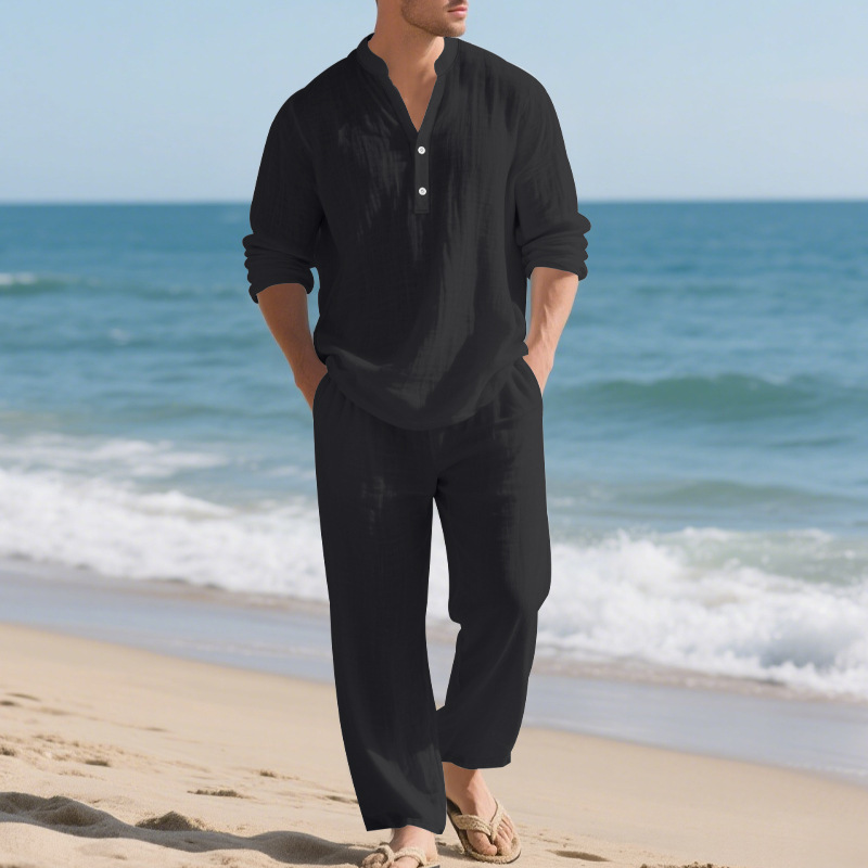 Mens Loose-Fit Long-Sleeved Suit Casual Breathable V-Neck - Image 3