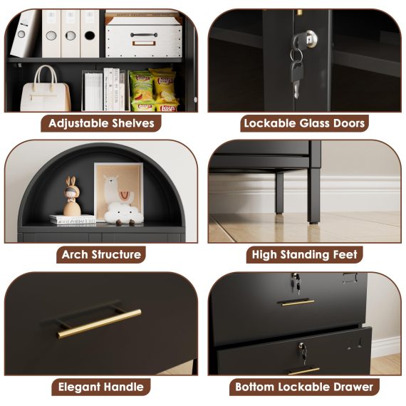 73Inch H Metal Arch File Cabinet, Black Arched Bookcase