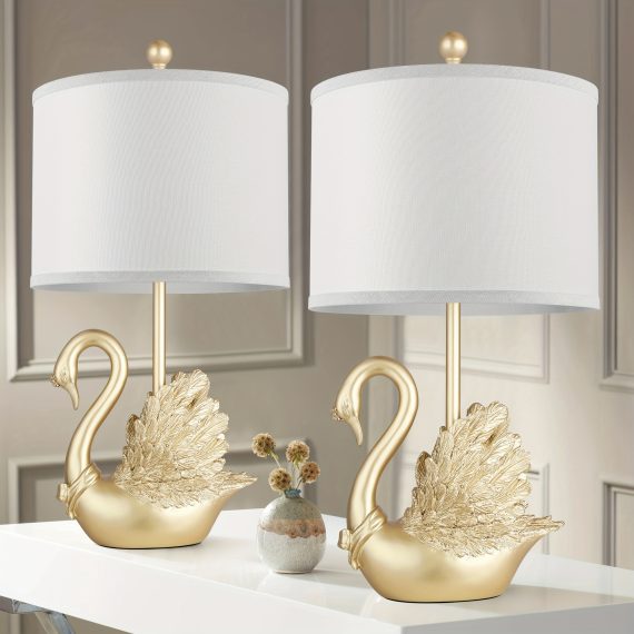 Two-Piece Set Of Table Lamps Golden Brass Swan Table Lamp