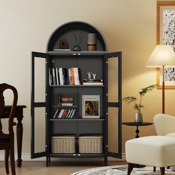 73Inch Tall Arched Display Cabinet with Glass Doors, Meta