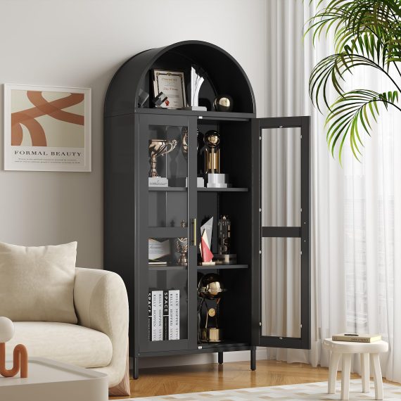 73Inch Tall Arched Display Cabinet with Glass Doors, Meta