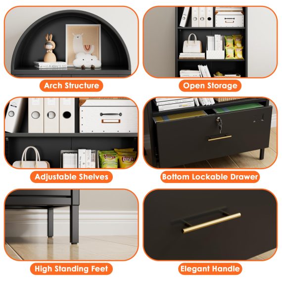 Aobabo 72.8Inch H Metal Arched Bookcase with 2 Adjustable