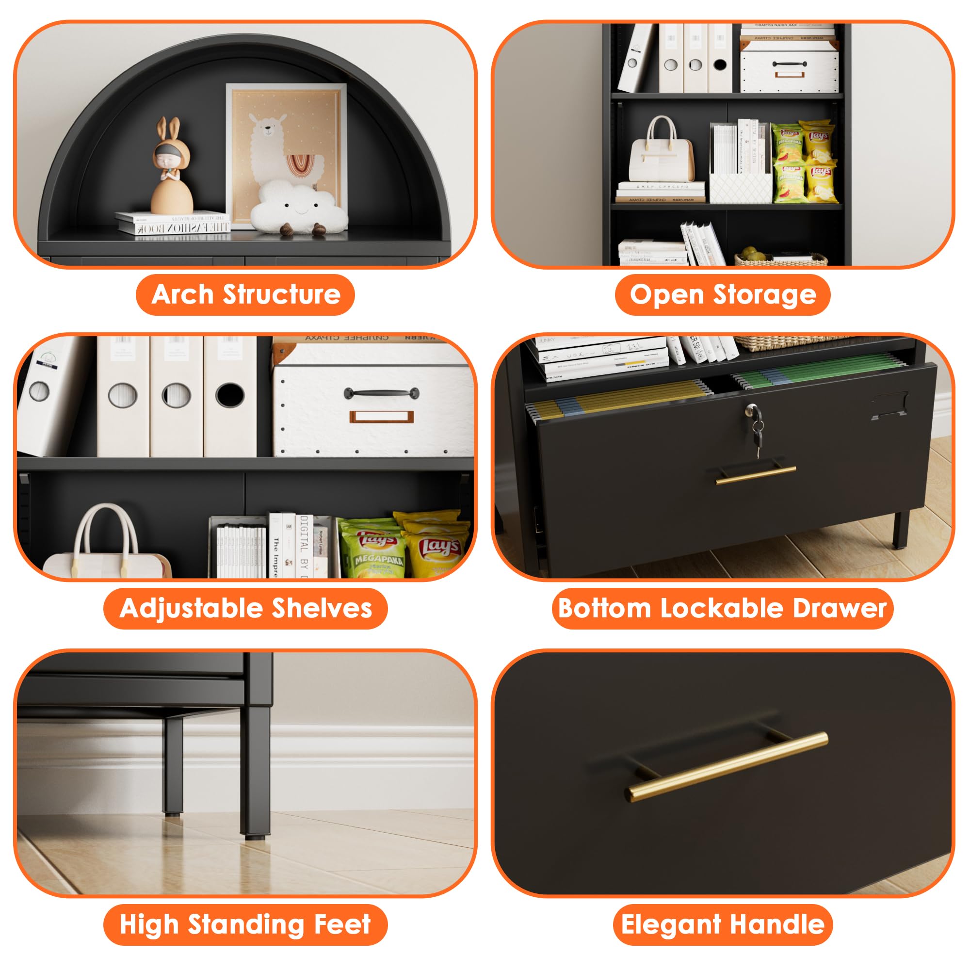 Aobabo 72.8Inch H Metal Arched Bookcase with 2 Adjustable