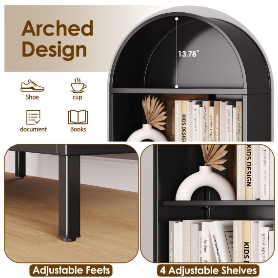 73Inch Tall Arched Bookcase Cabinet, 6-Tiers Metal Black