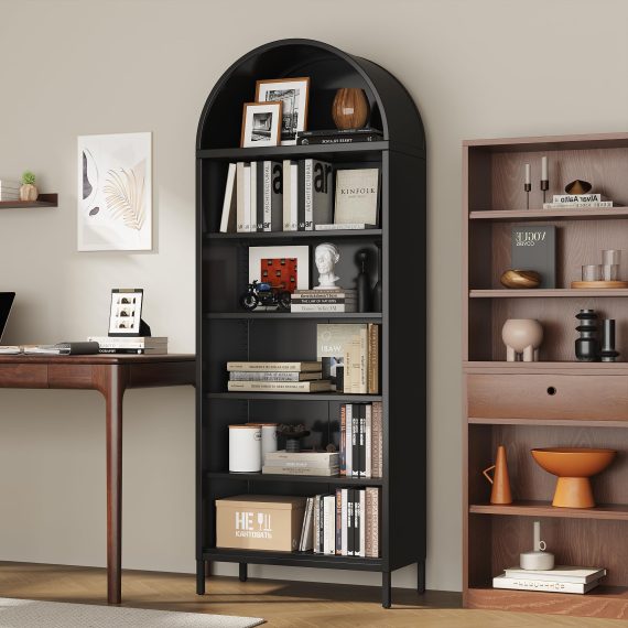 73Inch Tall Arched Bookcase Cabinet, 6-Tiers Metal Black
