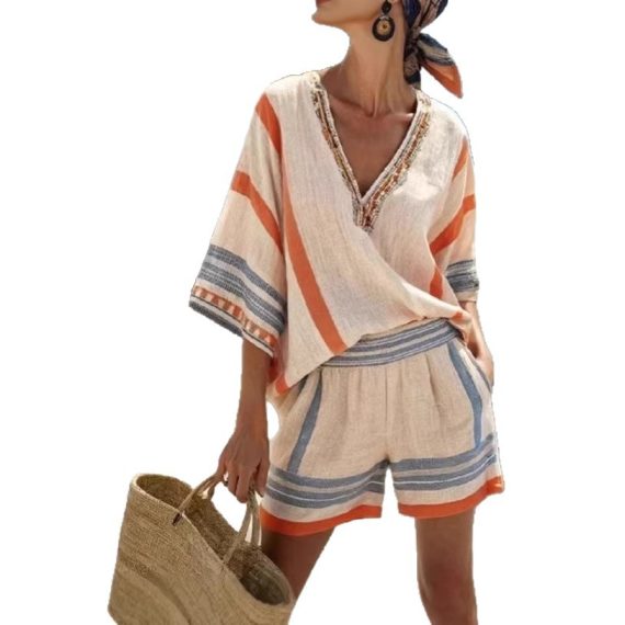 Linen Striped Printed V-Neck Top and Shorts Set for Women