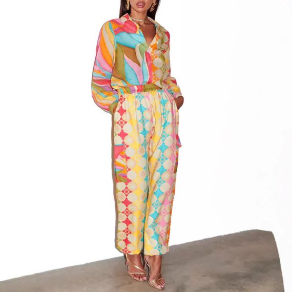 Women'S V-Neck Printed Painted Lantern Sleeve Elegant Com