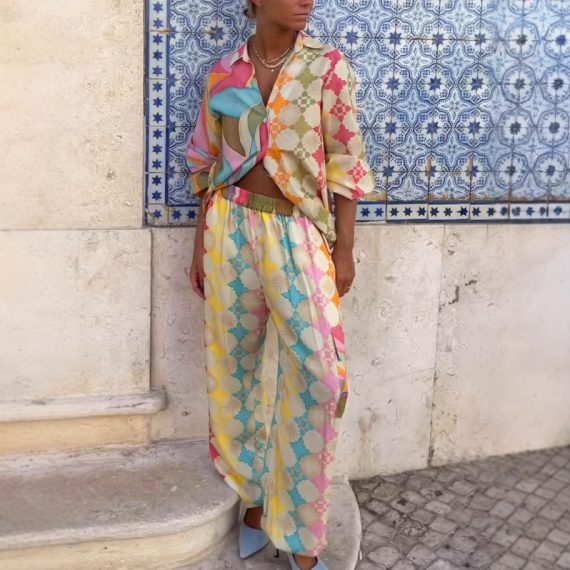 Women'S V-Neck Printed Painted Lantern Sleeve Elegant Com