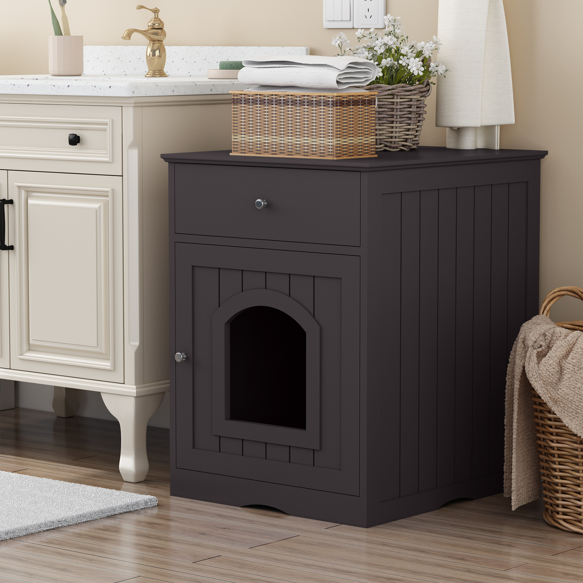 Wooden Pet House Cat Litter Box Enclosure with Drawer, Si - Image 4