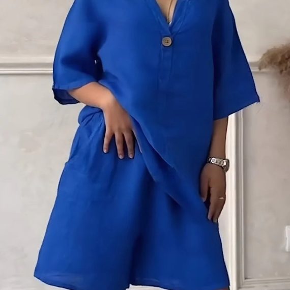 Cotton-Linen Shirt Set with High-Waisted Loose Shorts