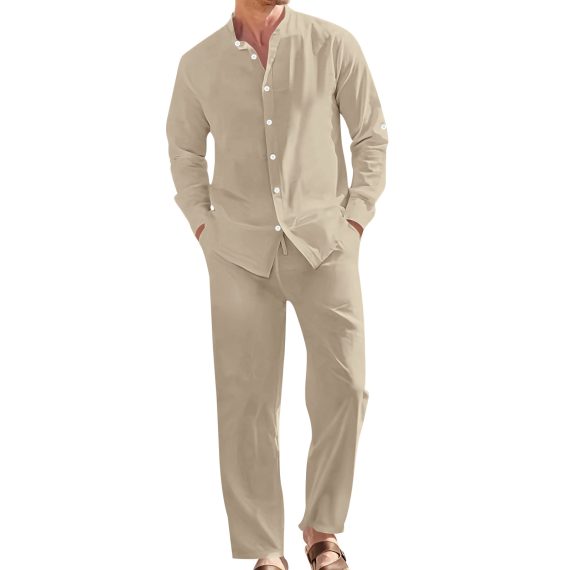 Men'S Linen Casual Stand-Collar Shirt and Loose-Fit Trous