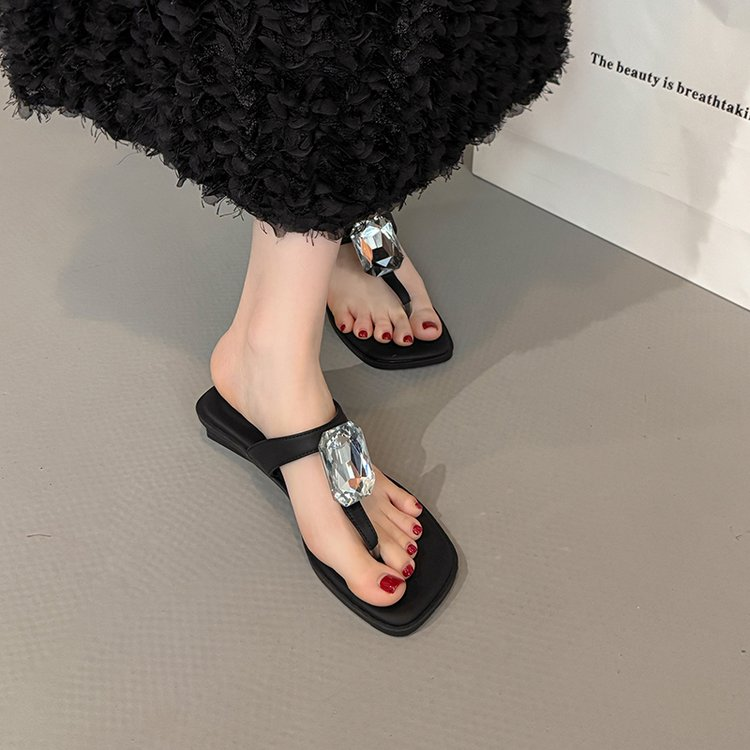 Oversized Crystal, Square Toe, Thong Sandals, French Glam