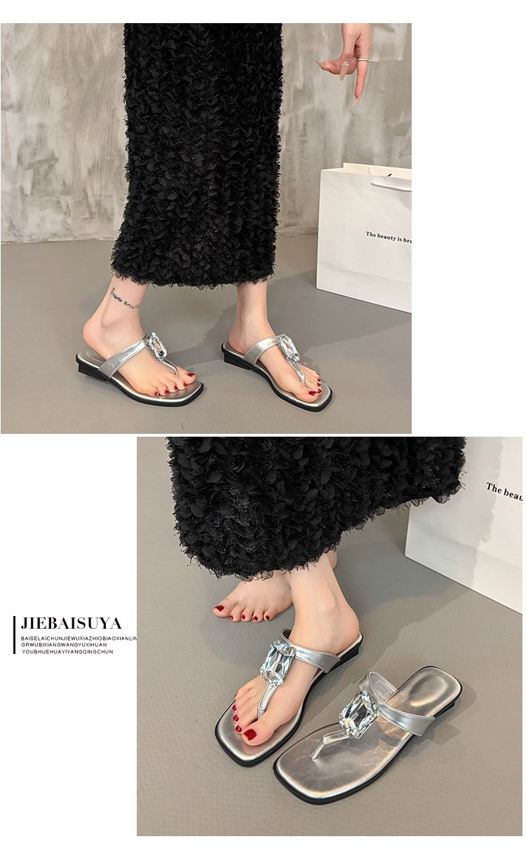 Oversized Crystal, Square Toe, Thong Sandals, French Glam - Image 3