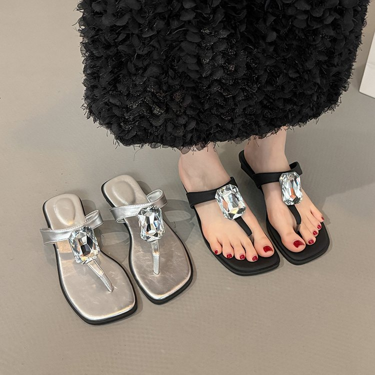 Oversized Crystal, Square Toe, Thong Sandals, French Glam - Image 4