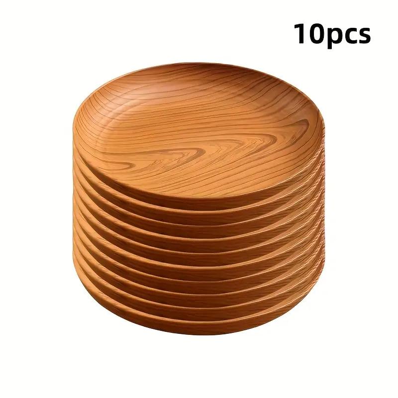 10 Creative Wood Grain Plastic Plates - Round Striped Des