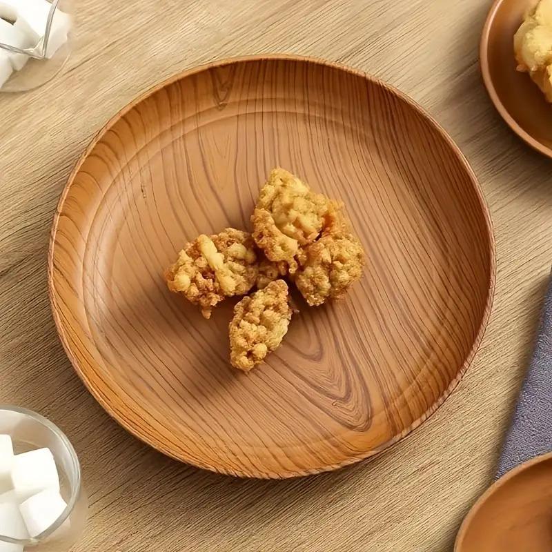 10 Creative Wood Grain Plastic Plates - Round Striped Des - Image 2