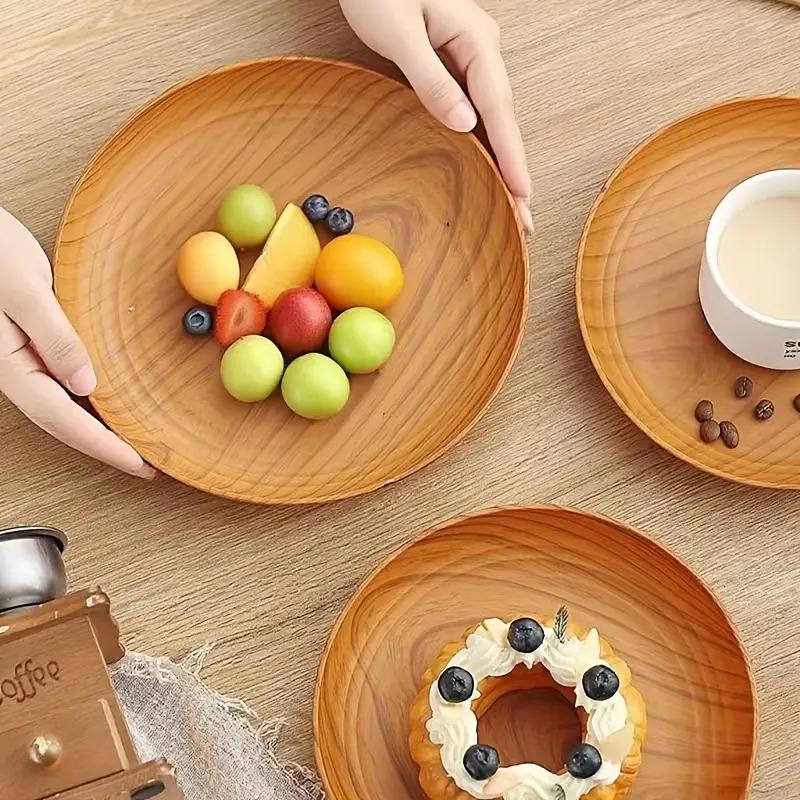 10 Creative Wood Grain Plastic Plates - Round Striped Des - Image 3