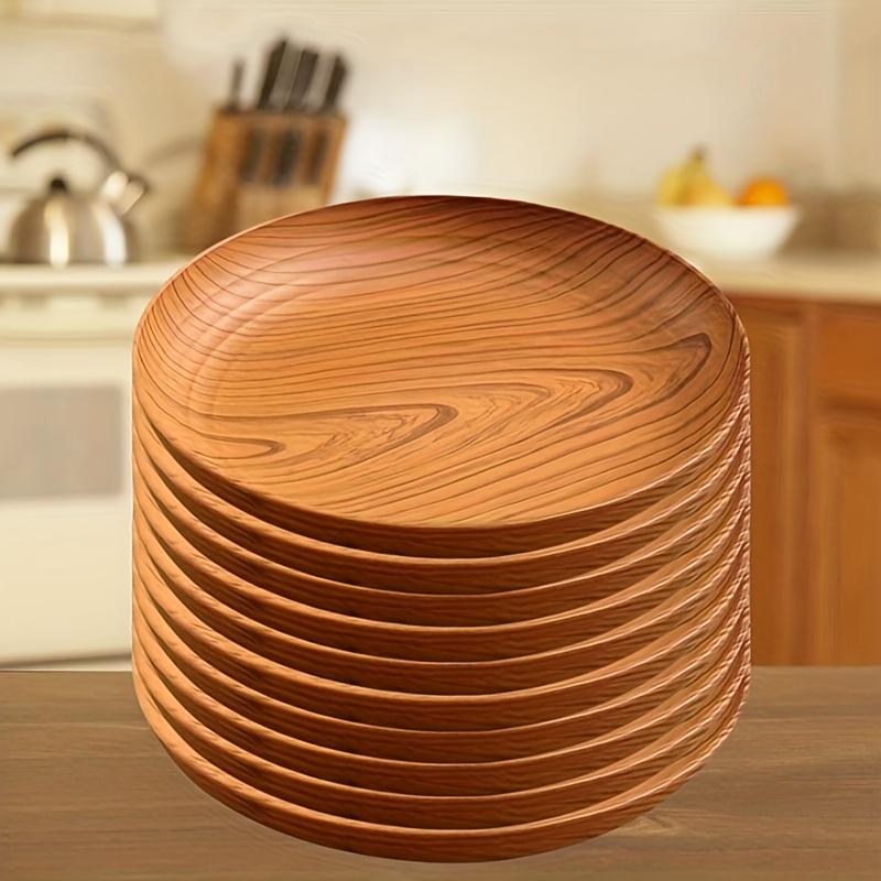 10 Creative Wood Grain Plastic Plates - Round Striped Des - Image 4
