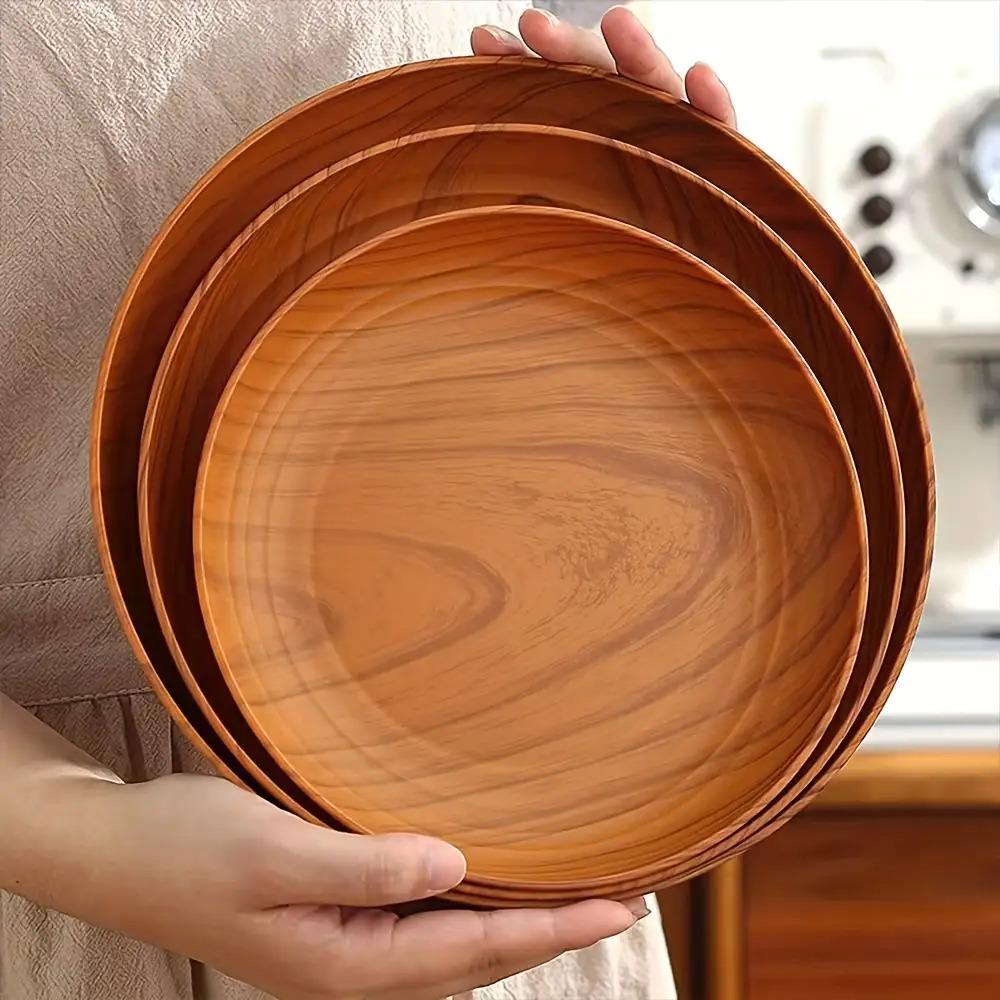 10 Creative Wood Grain Plastic Plates - Round Striped Des - Image 5