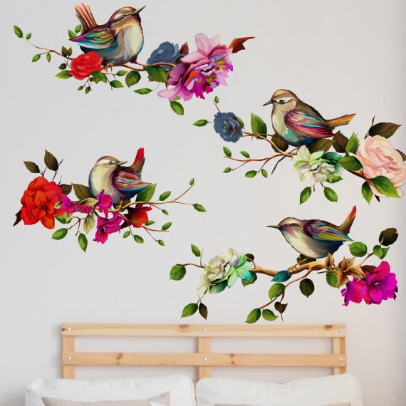 Magpies Branch Flower Wall Sticker Birds Mural Art Decal