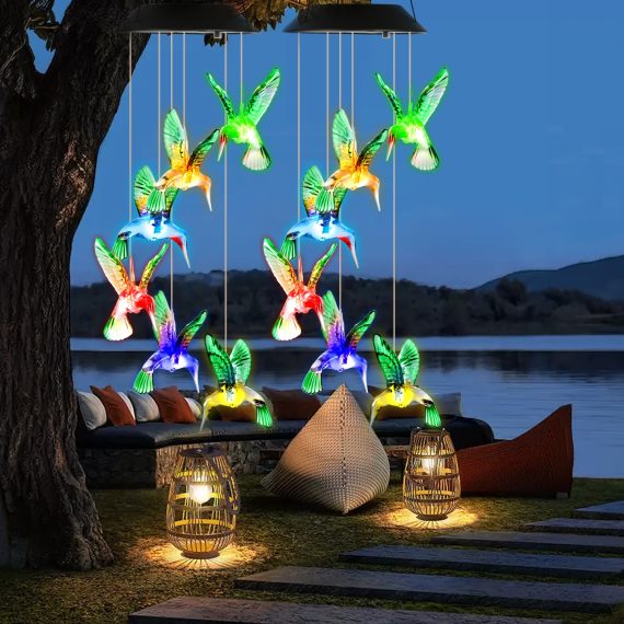 2Pcs Solar Hummingbird Wind Chime 7 Color Changing Wind