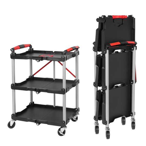 Foldable Utility Service Cart, 3 Shelf Heavy Duty Plastic