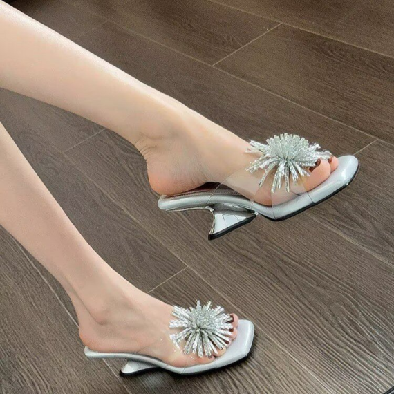 Luxury Firework Crystal Irregular Heel Sandals, Clear