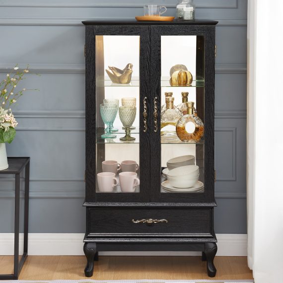 Lighted Curio Cabinet with Glass Doors and Adjustable She