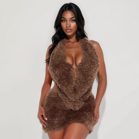 Autumnwinter Fuzzy Collar Half-Length Skirt Set
