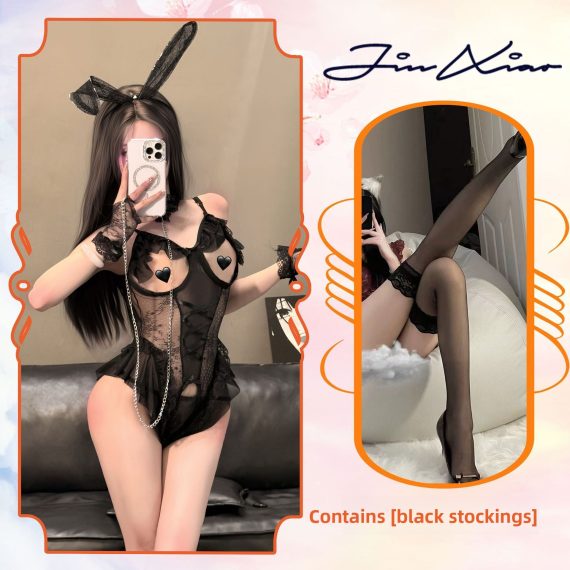 Women Lace Slim Fit Bodysuit Bunny Ear Decor Elegant Mesh