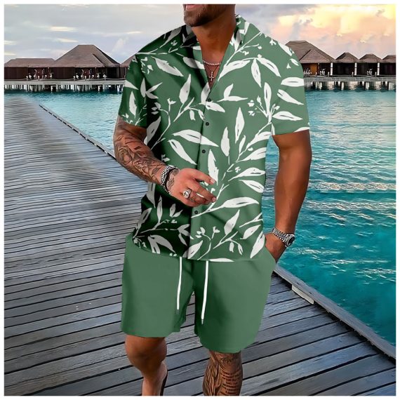 Mens Lapel Shirt and Shorts Set with 3D Print