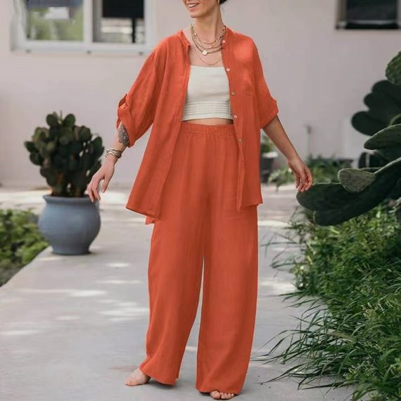 Solid-Color Lapel Long-Sleeve Pocket Shirt Top and Pants