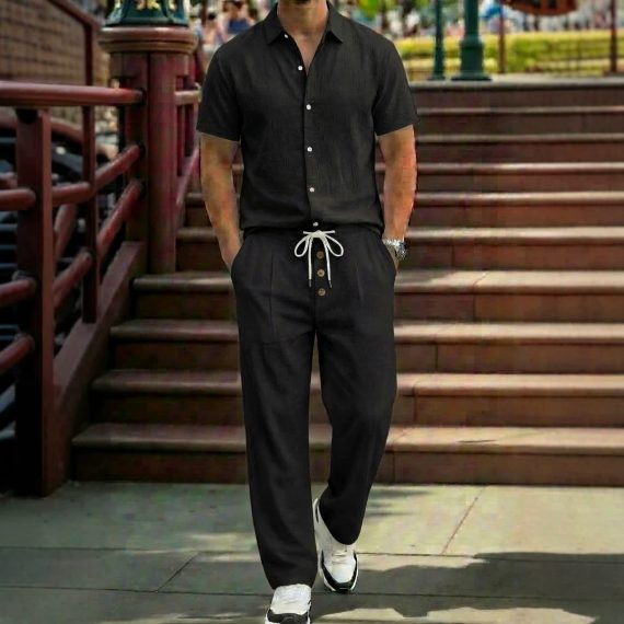 Mens Breathable Linen Shirt and Trousers Set with a Lapel